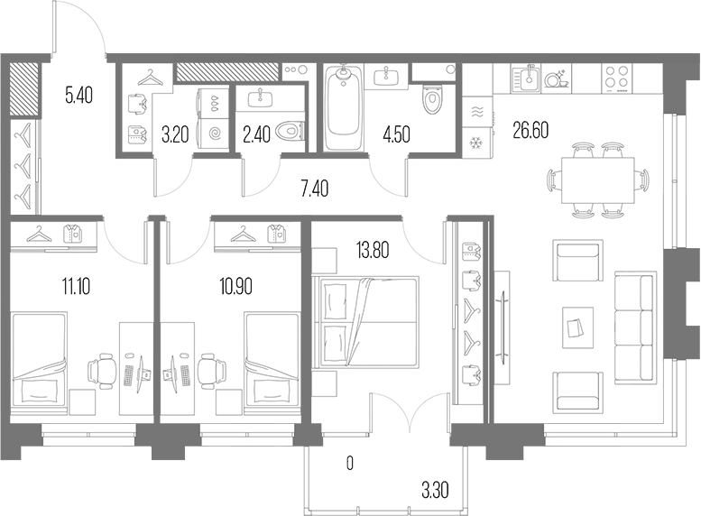 Планировка евро-4 (4Е) 86.29 м² в ЖК «Легенда на Охте», корпус Р