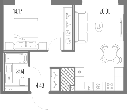 Планировка евродвушка (2Е) 43.34 м² в ЖК «Легенда у Моря», корпус 10
