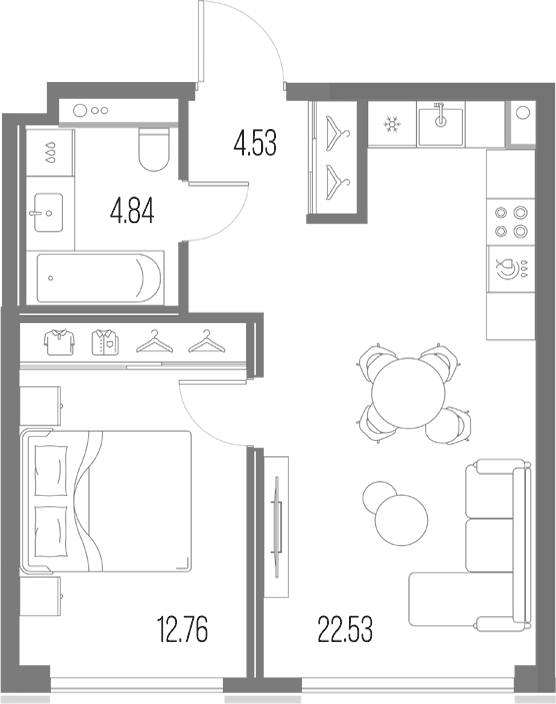 Планировка евродвушка (2Е) 44.66 м² в ЖК «Легенда у Моря», корпус 8