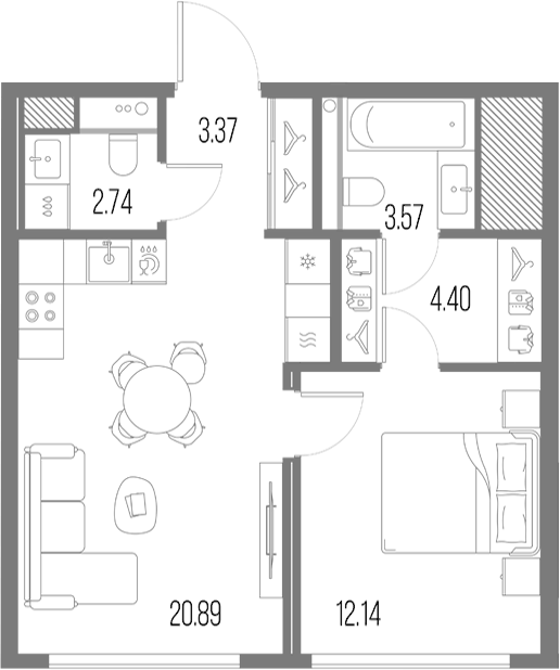 Планировка евродвушка (2Е) 47.11 м² в ЖК «Легенда у Моря», корпус 8