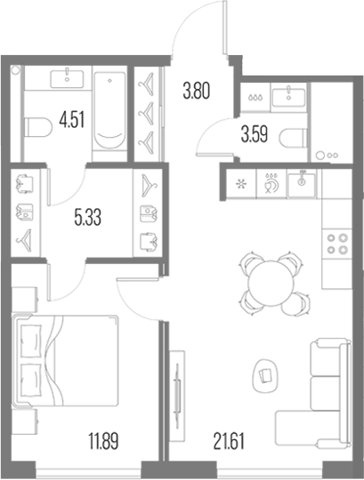 Планировка евродвушка (2Е) 50.73 м² в ЖК «Легенда у Моря», корпус 7