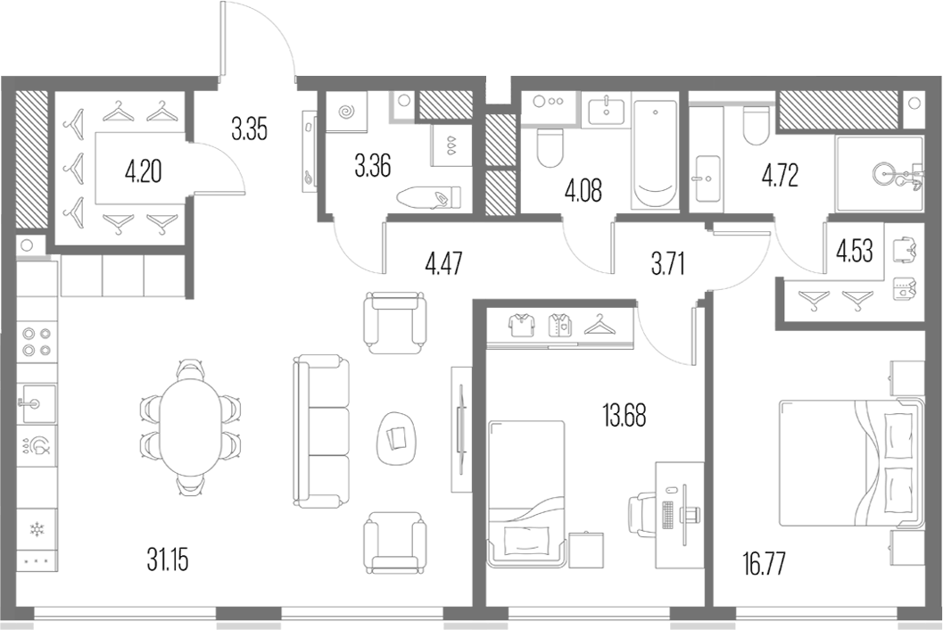 Планировка евротрёшка (3Е) 89.49 м² в ЖК «Легенда у Моря», корпус 8
