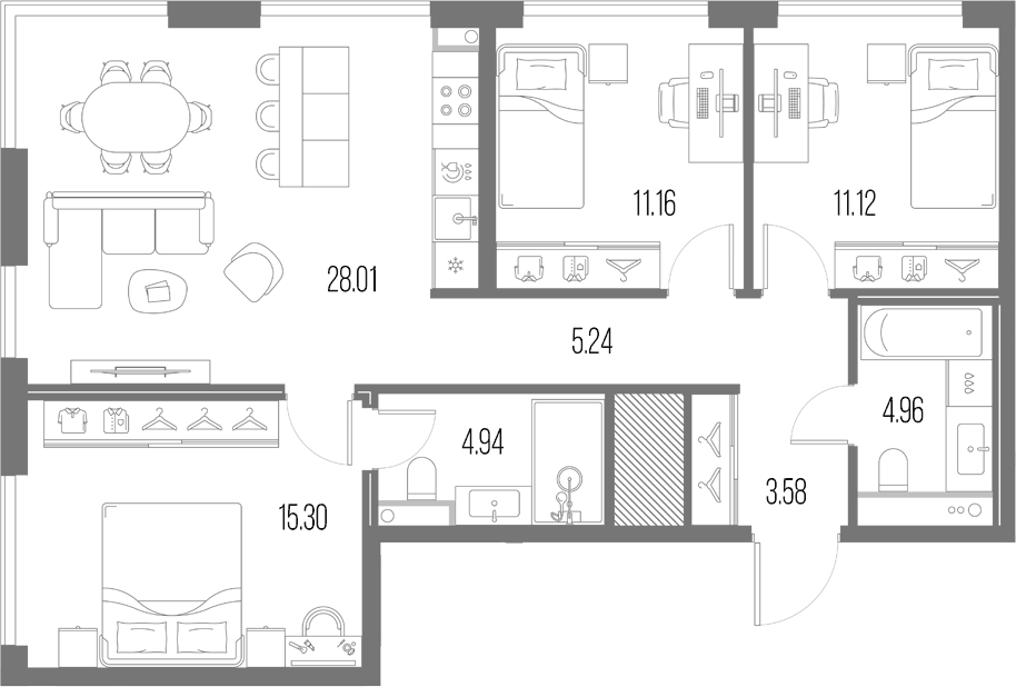 Планировка евро-4 (4Е) 84.31 м² в ЖК «Легенда у Моря», корпус 8