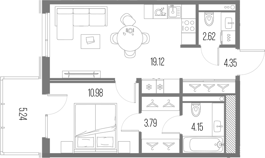 Планировка евродвушка (2Е) 45.01 м² в ЖК «Легенда Васильевского», корпус 1