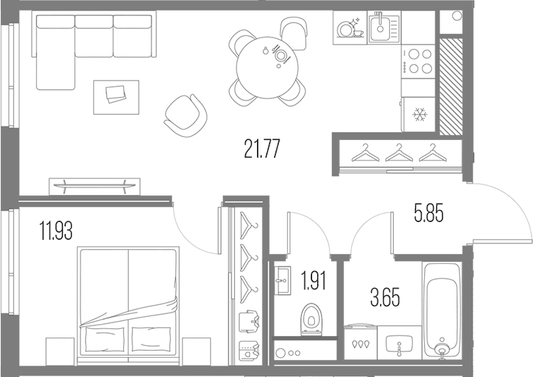 Планировка евродвушка (2Е) 45.11 м² в ЖК «Легенда Васильевского», корпус 1