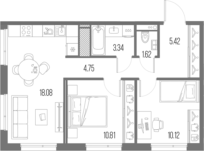 Планировка евротрёшка (3Е) 54.14 м² в ЖК «Легенда Васильевского», корпус 2