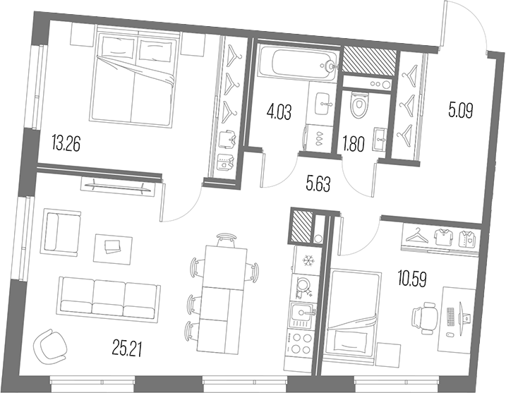 Планировка евротрёшка (3Е) 65.61 м² в ЖК «Легенда Васильевского», корпус 2