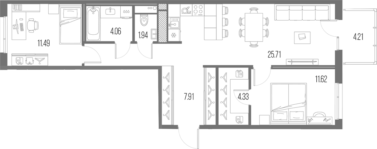 Планировка евротрёшка (3Е) 72.57 м² в ЖК «Легенда Васильевского», корпус 2