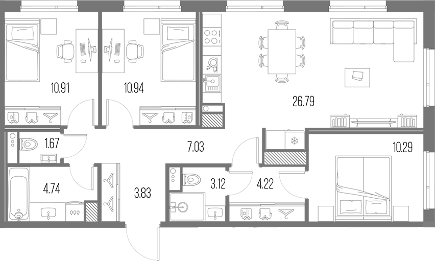 Планировка евро-4 (4Е) 83.54 м² в ЖК «Легенда Васильевского», корпус 3