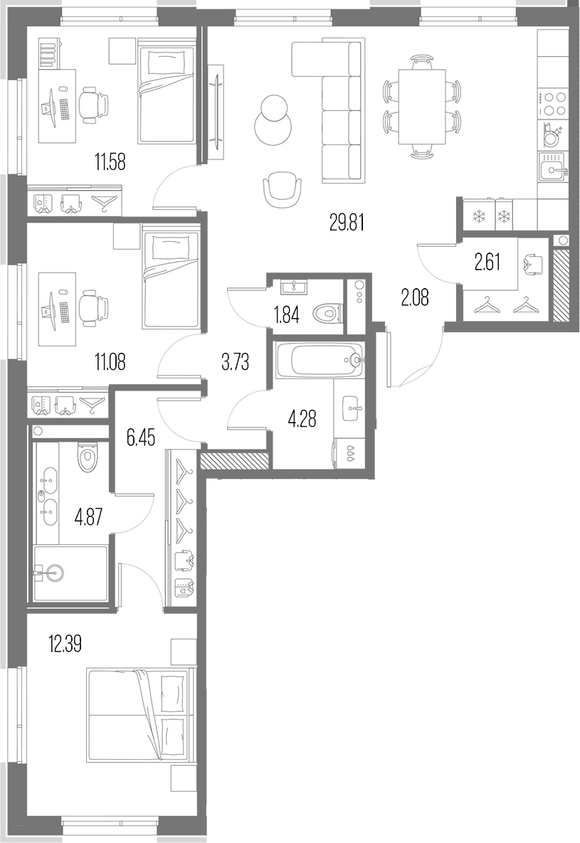 Планировка евро-4 (4Е) 90.72 м² в ЖК «Легенда Васильевского», корпус 1