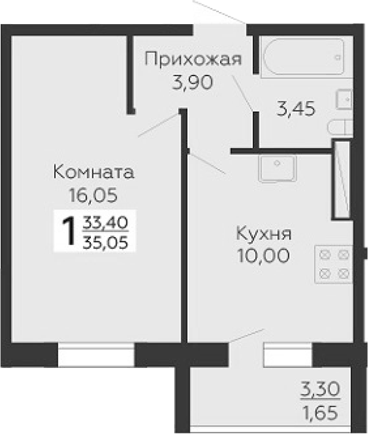 Планировка однокомнатная 35.05 м² в ЖК «Ленский», корпус 5