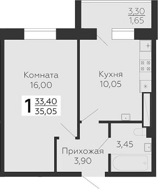 Планировка однокомнатная 35.05 м² в ЖК «Ленский», корпус 7