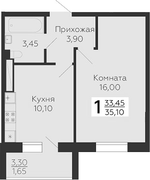 Планировка однокомнатная 35.1 м² в ЖК «Ленский», корпус 7