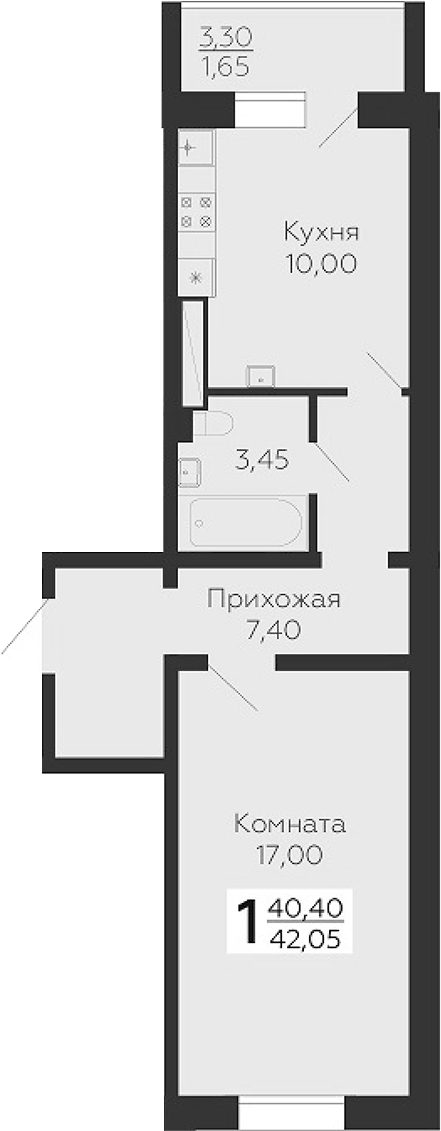 Планировка однокомнатная 42.05 м² в ЖК «Ленский», корпус 7