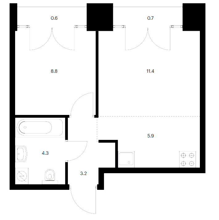 Планировка однокомнатная 34.9 м² в ЖК «Лермонтовский 54», корпус 2.2