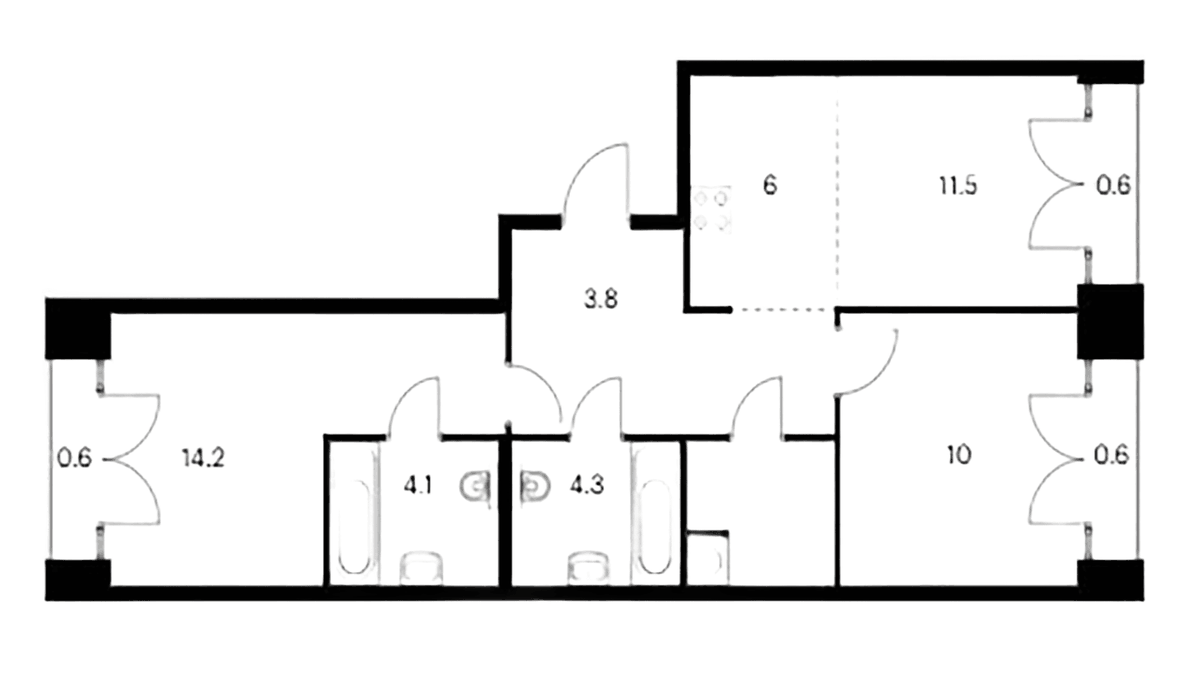 Планировка двухкомнатная 65.2 м² в ЖК «Лермонтовский 54», корпус 2.2