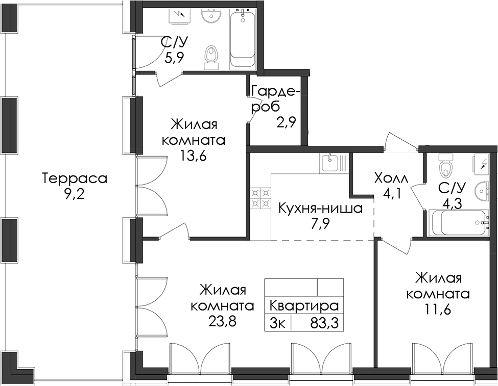 Планировка двухкомнатная 83.3 м² в ЖК «Лермонтовский 54», корпус 2.1