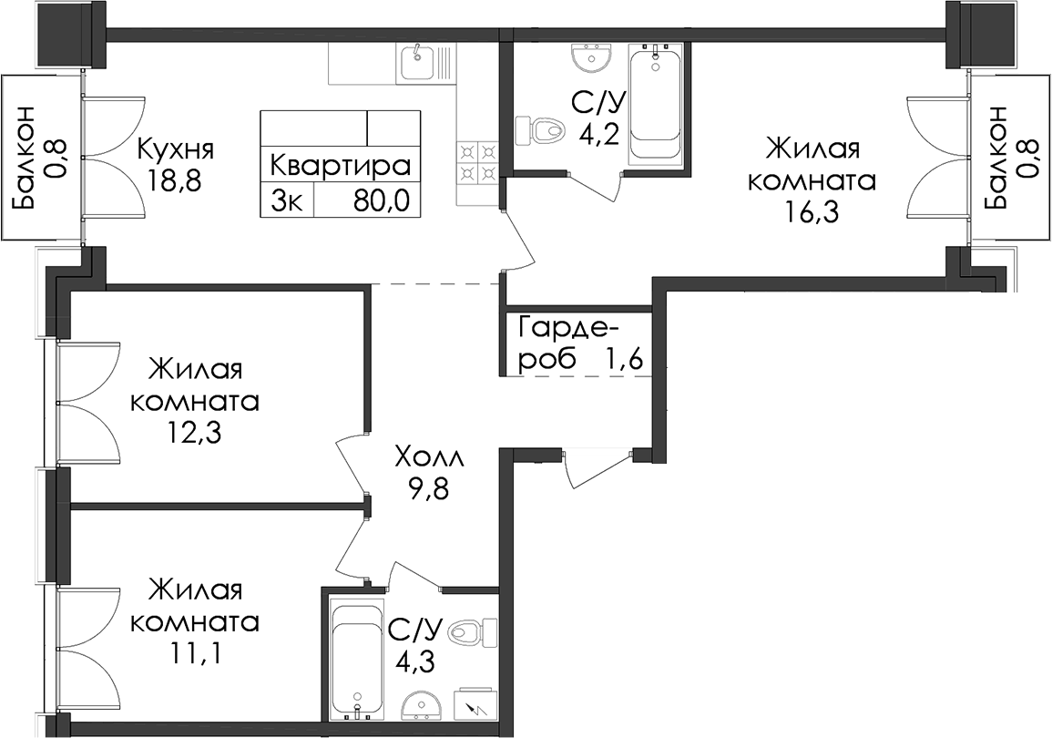 Планировка трёхкомнатная 80 м² в ЖК «Лермонтовский 54», корпус 2.2