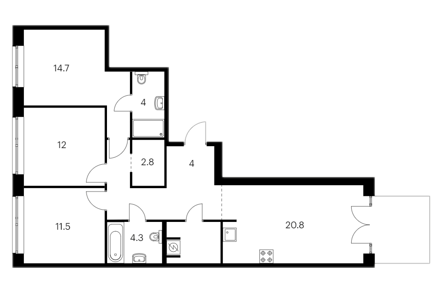 Планировка трёхкомнатная 89.1 м² в ЖК «Лермонтовский 54», корпус 2.1