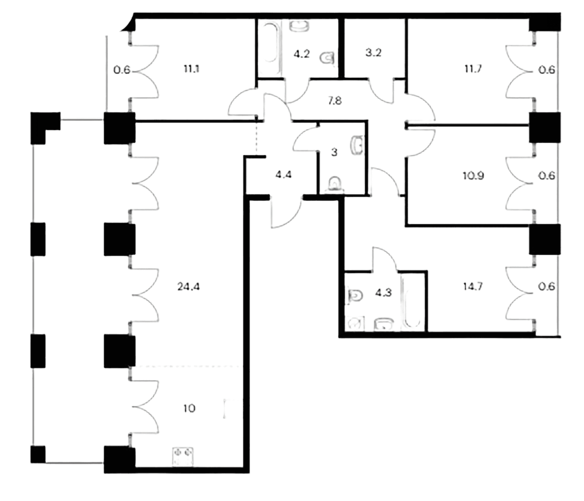 Планировка четырёхкомнатная 119.8 м² в ЖК «Лермонтовский 54», корпус 2.2