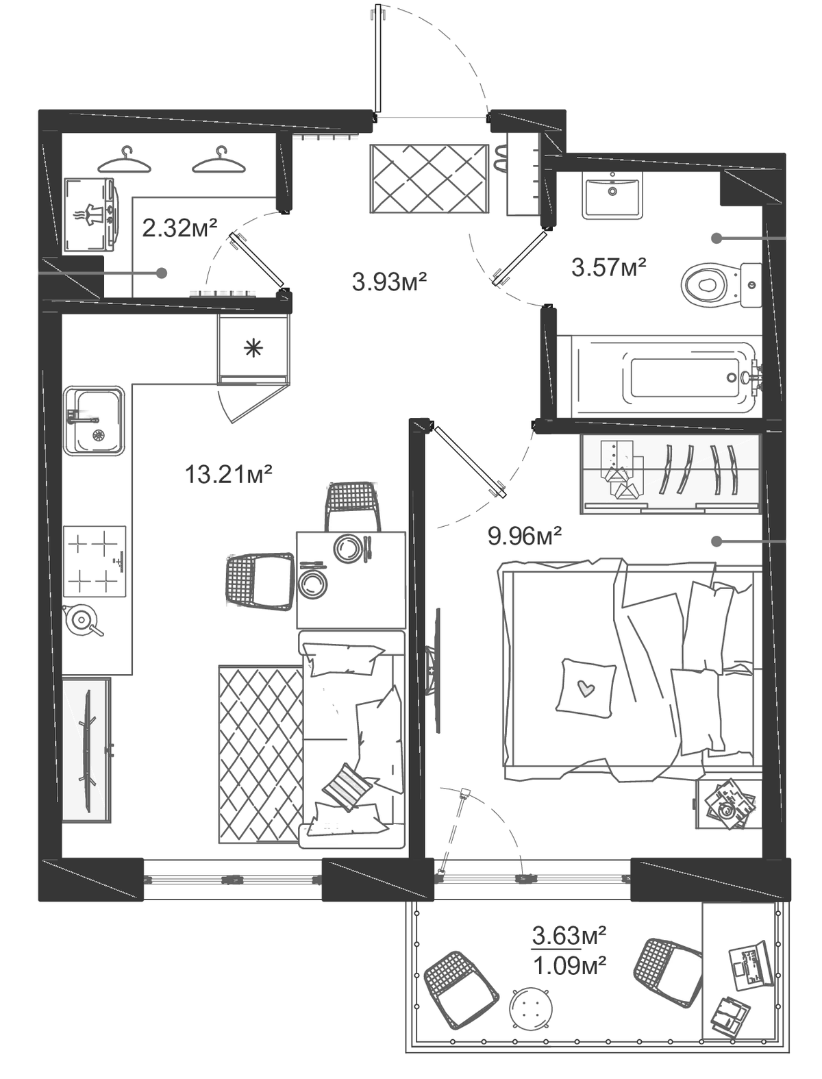 Планировка однокомнатная 34.08 м² в ЖК «ЛесАрт», корпус 1