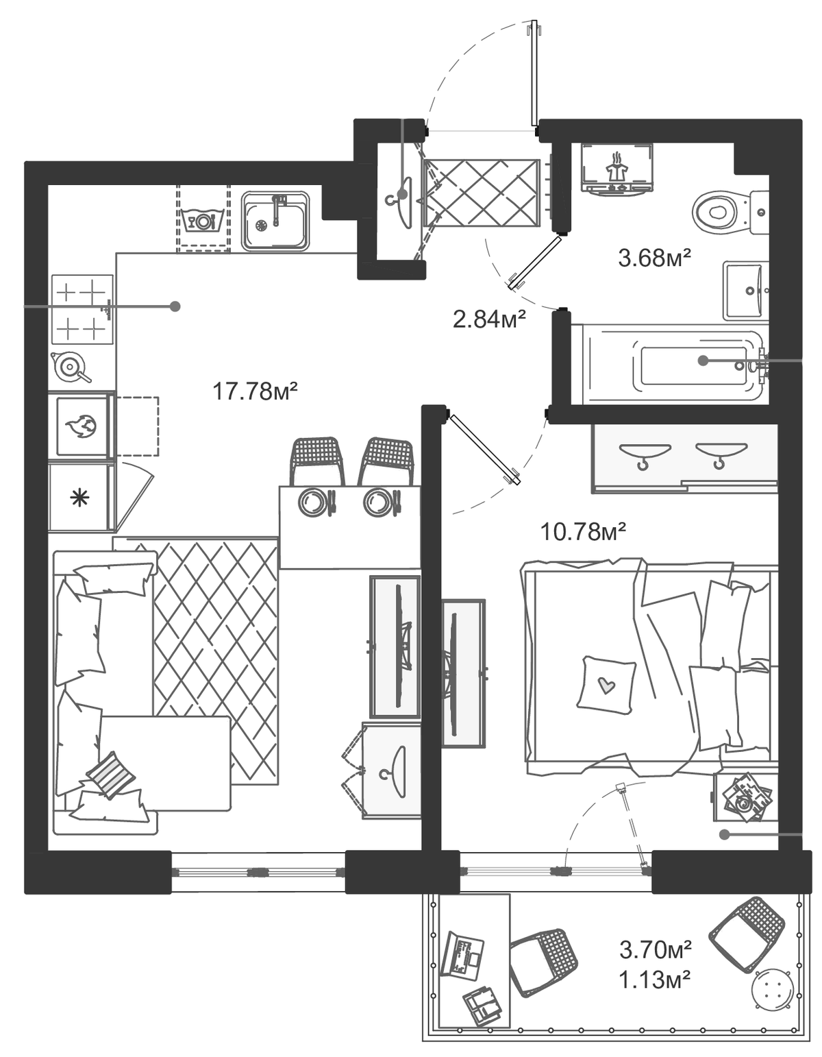 Планировка евродвушка (2Е) 36.21 м² в ЖК «ЛесАрт», корпус 1