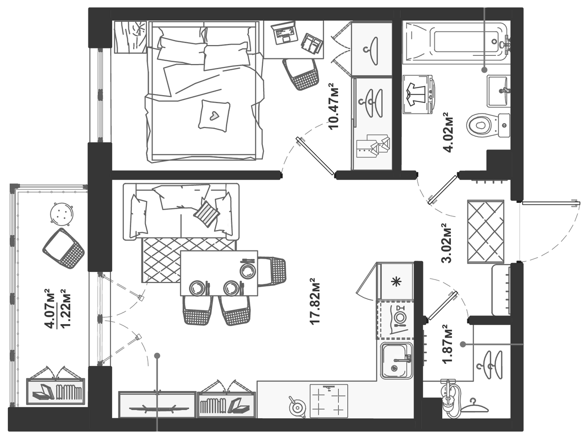 Планировка евродвушка (2Е) 38.42 м² в ЖК «ЛесАрт», корпус 1