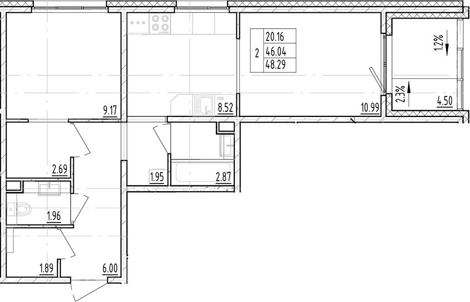 Планировка двухкомнатная 48.29 м² в ЖК «ЛесАрт», корпус 2