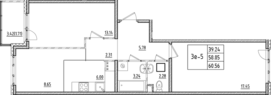 Планировка евротрёшка (3Е) 60.56 м² в ЖК «ЛесАрт», корпус 5