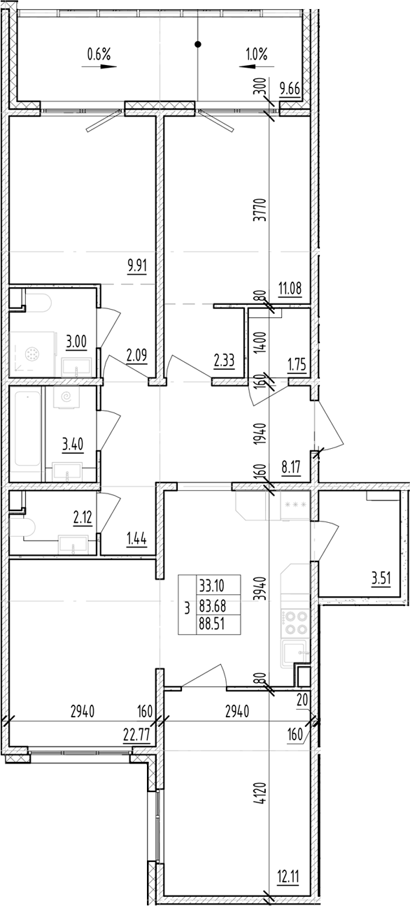 Планировка трёхкомнатная 88.51 м² в ЖК «ЛесАрт», корпус 3