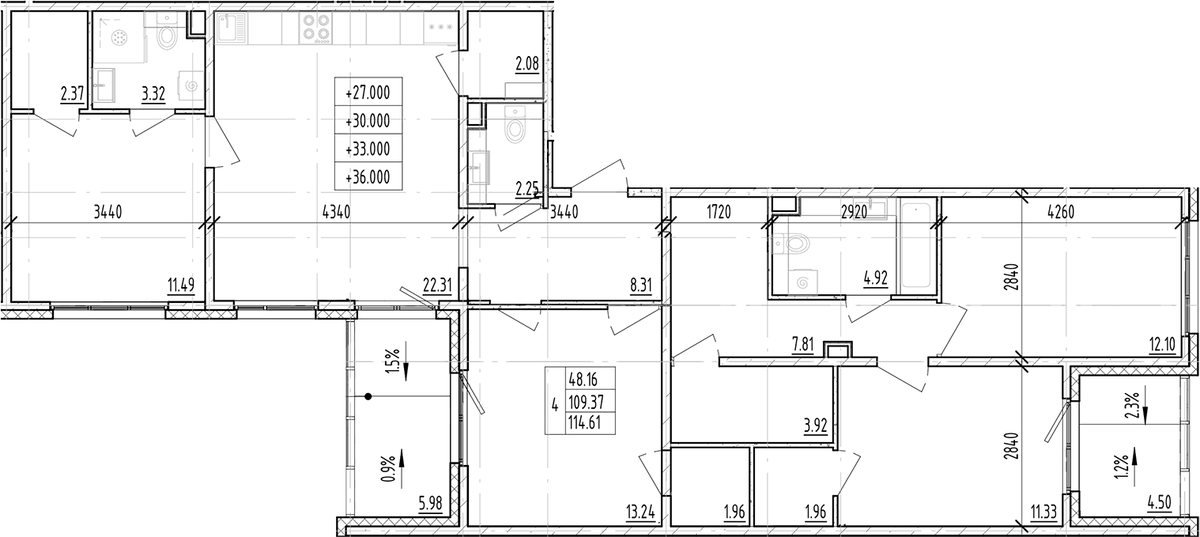 Планировка четырёхкомнатная 114.61 м² в ЖК «ЛесАрт», корпус 2