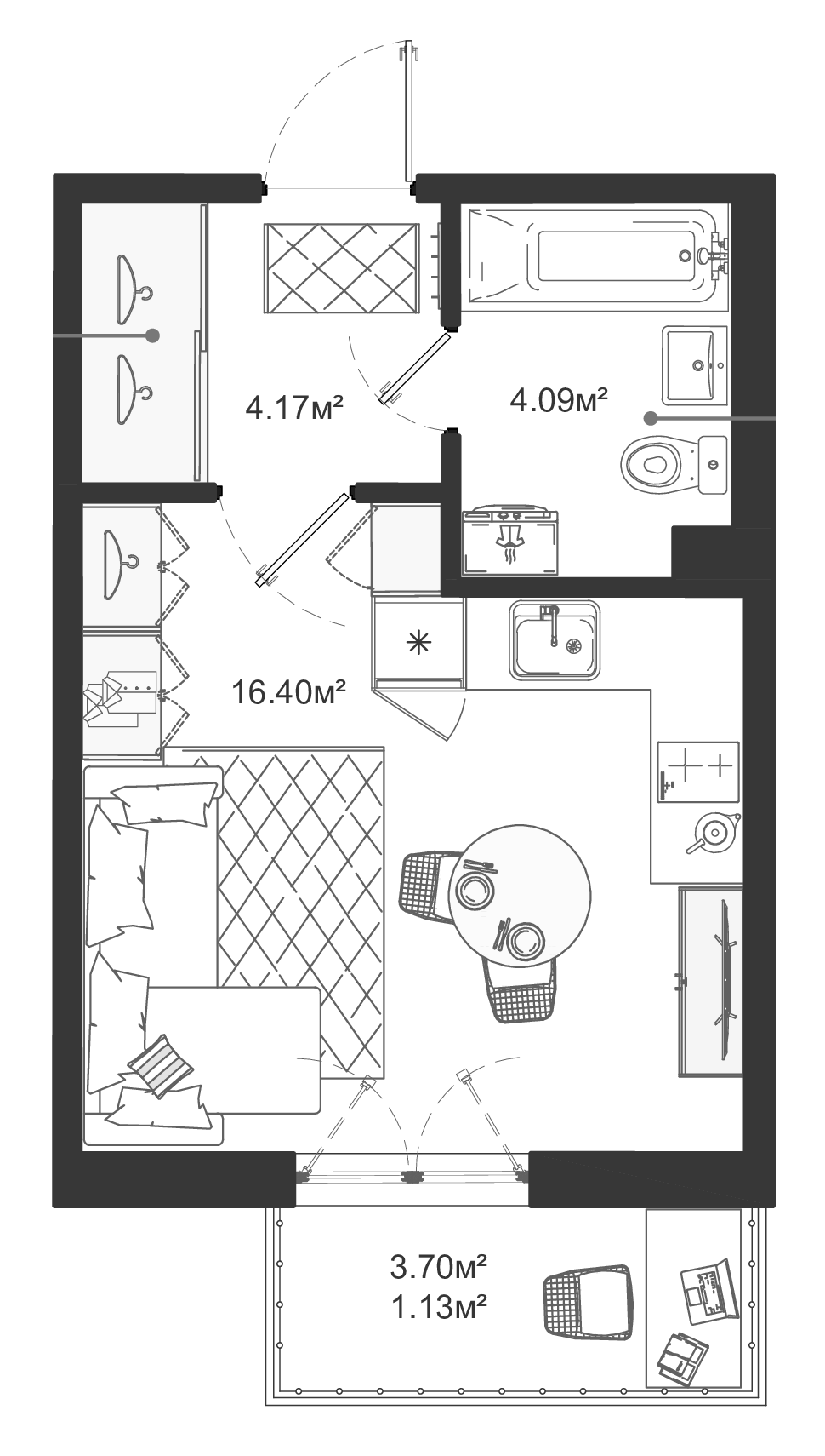 Планировка Студии 25.79 м² в ЖК «ЛесАрт», корпус 1