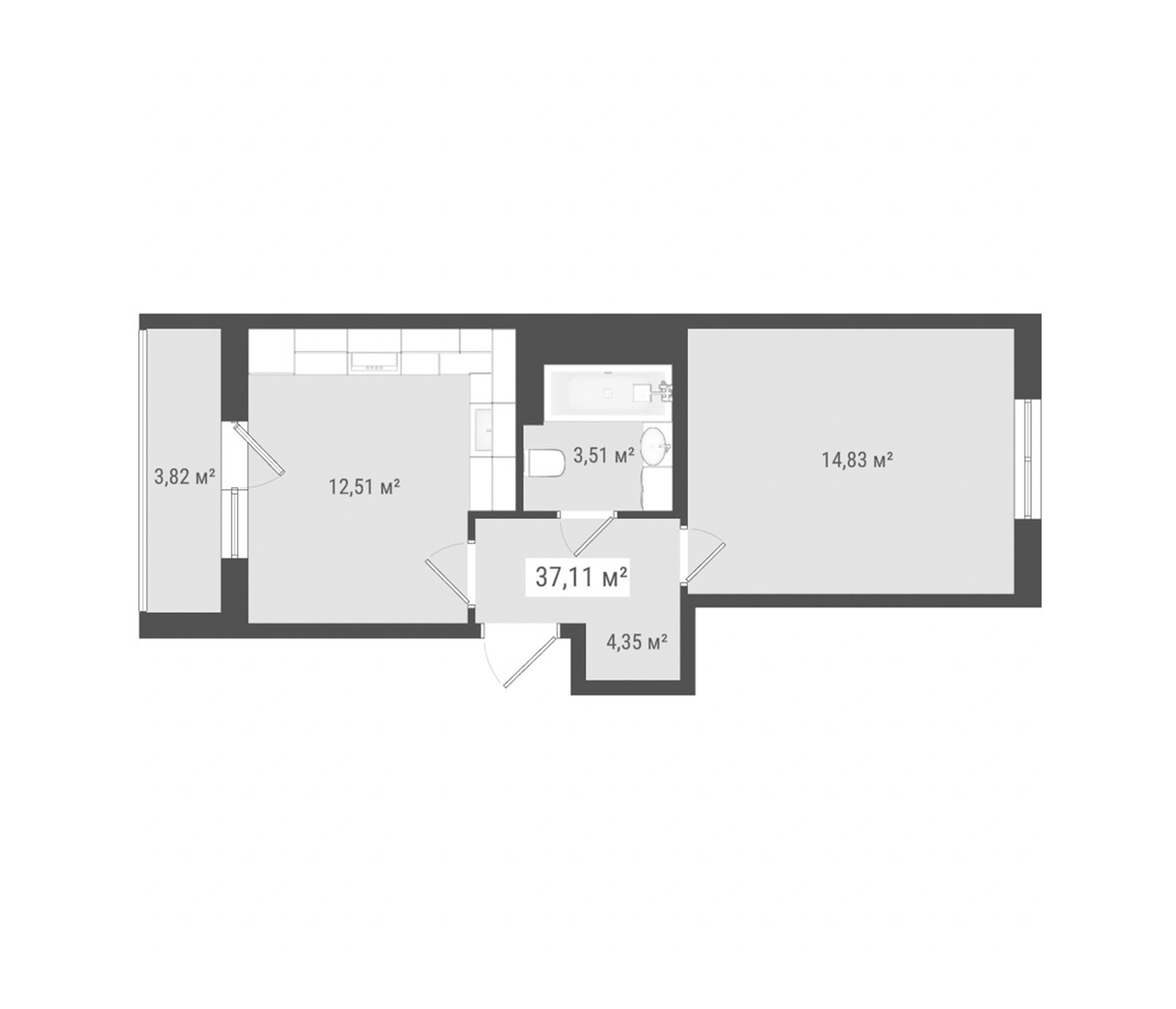 Планировка однокомнатная 37.11 м² в ЖК «Лето», корпус 1