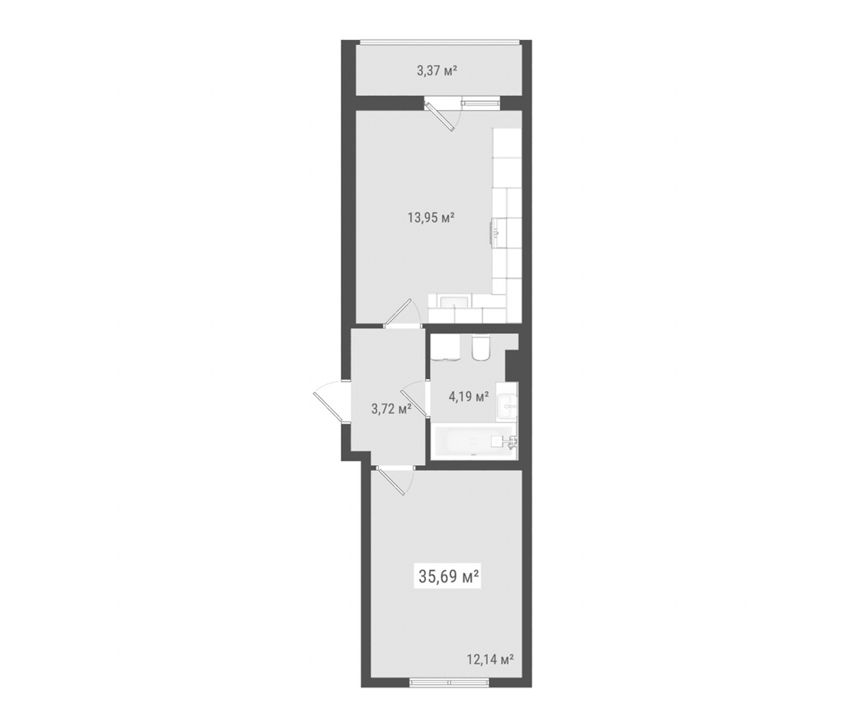 Планировка евродвушка (2Е) 35.69 м² в ЖК «Лето», корпус 1
