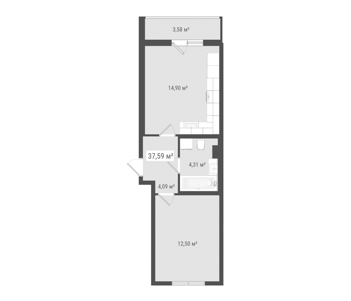 Планировка евродвушка (2Е) 37.59 м² в ЖК «Лето», корпус 1