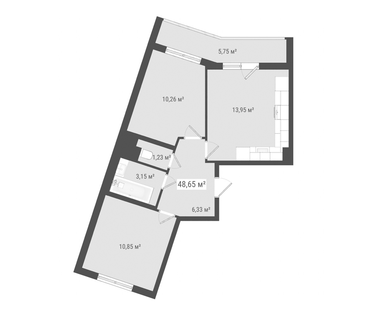 Планировка евротрёшка (3Е) 48.64 м² в ЖК «Лето», корпус 1