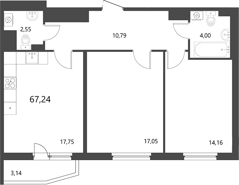Планировка евротрёшка (3Е) 67.24 м² в ЖК «Лето», корпус 2