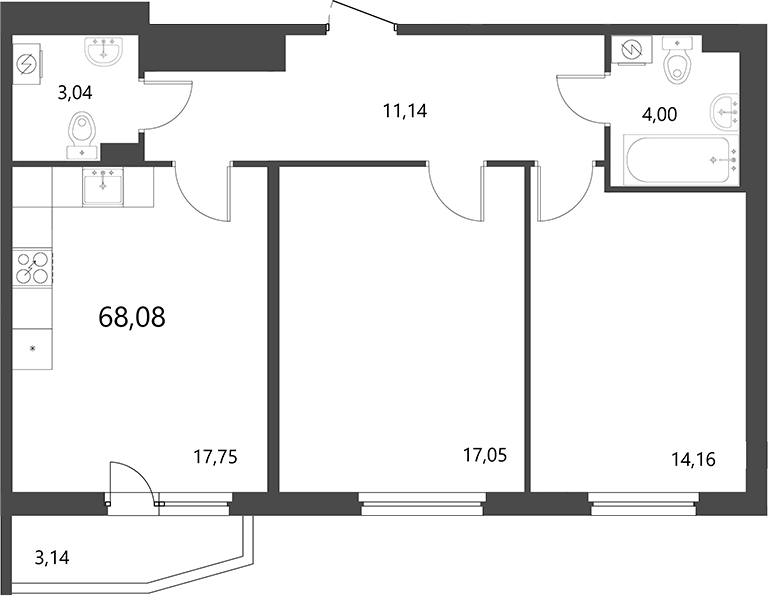 Планировка евротрёшка (3Е) 68.08 м² в ЖК «Лето», корпус 2