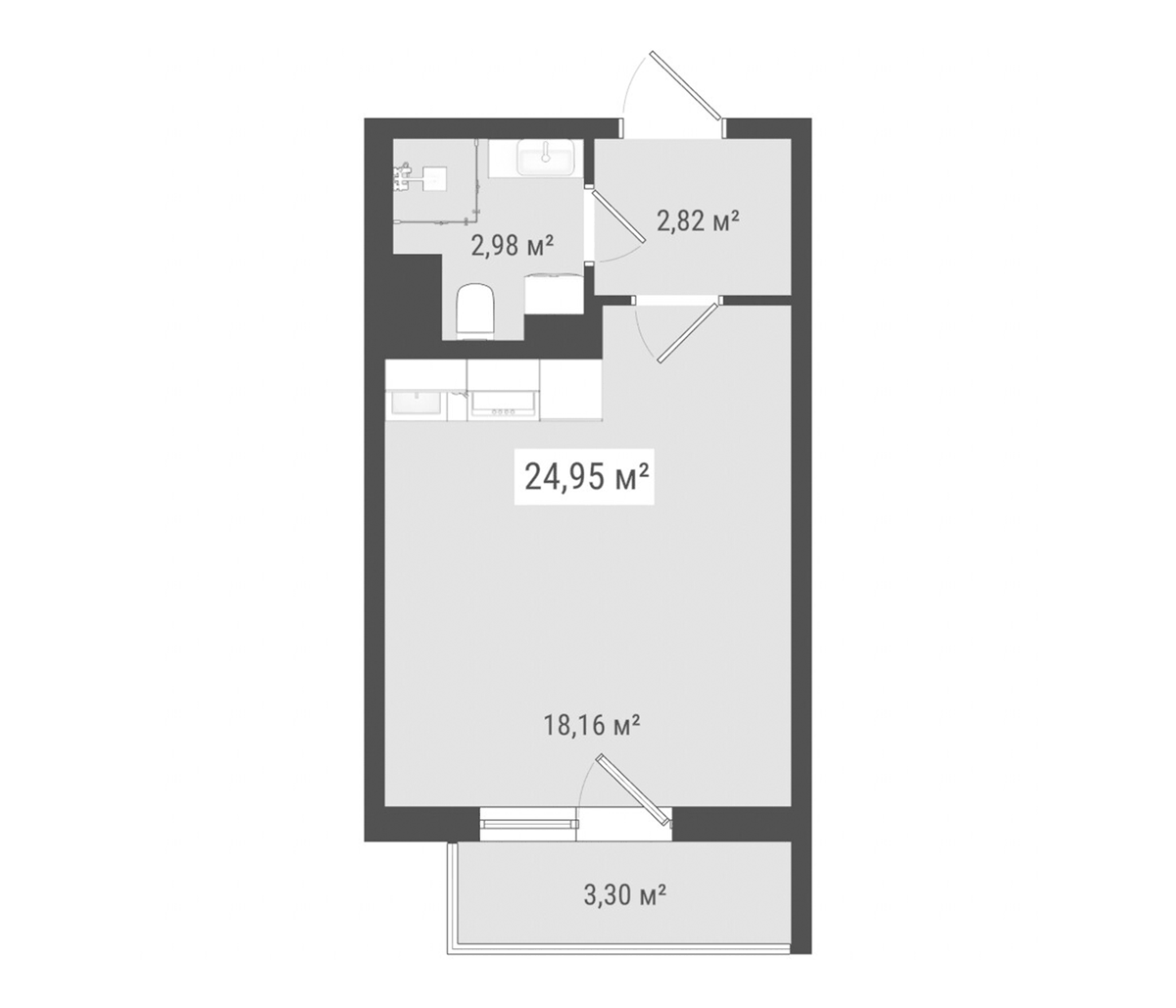 Планировка Студии 24.95 м² в ЖК «Лето», корпус 1