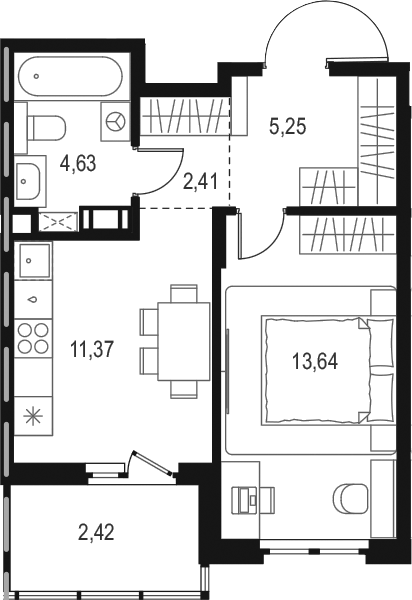 Планировка однокомнатная 39.5 м² в ЖК «Левел Мечникова», корпус 4