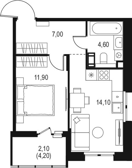 Планировка евродвушка (2Е) 39.7 м² в ЖК «Левел Мечникова», корпус 3