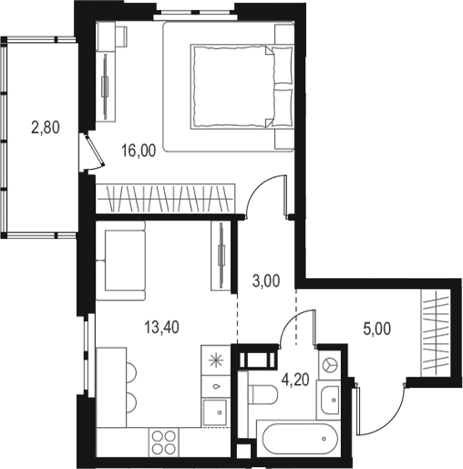 Планировка евродвушка (2Е) 43.34 м² в ЖК «Левел Мечникова», корпус 4
