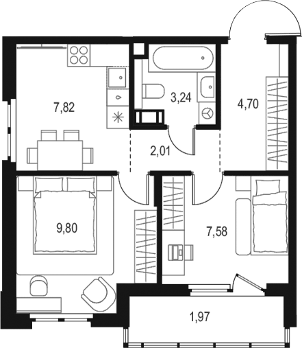 Планировка евротрёшка (3Е) 48.8 м² в ЖК «Левел Мечникова», корпус 4