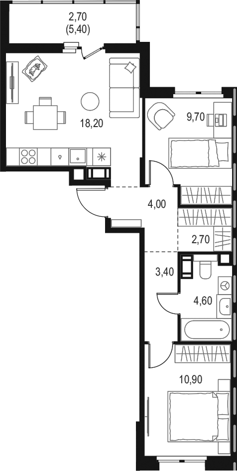Планировка евротрёшка (3Е) 56.2 м² в ЖК «Левел Мечникова», корпус 3
