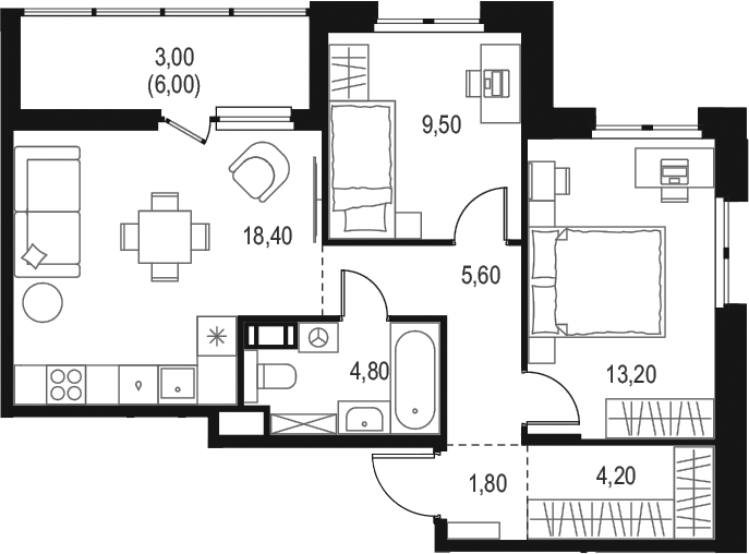 Планировка евротрёшка (3Е) 60.5 м² в ЖК «Левел Мечникова», корпус 3