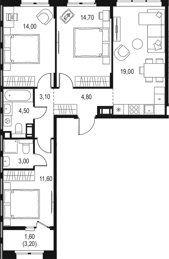 Планировка евро-4 (4Е) 76.3 м² в ЖК «Левел Мечникова», корпус 3