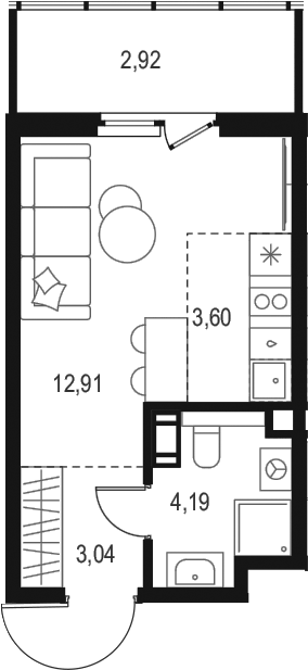 Планировка Студии 26.4 м² в ЖК «Левел Мечникова», корпус 4