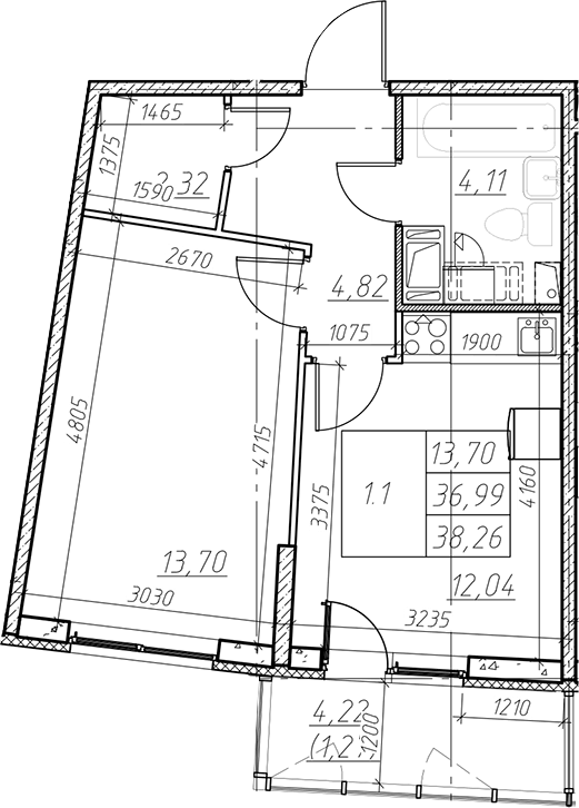 Планировка однокомнатная 38.26 м² в ЖК «Левитан», корпус 1