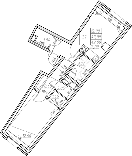 Планировка однокомнатная 42.09 м² в ЖК «Левитан», корпус 1