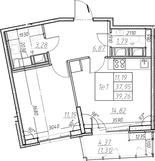 Планировка евродвушка (2Е) 39.26 м² в ЖК «Левитан», корпус 1